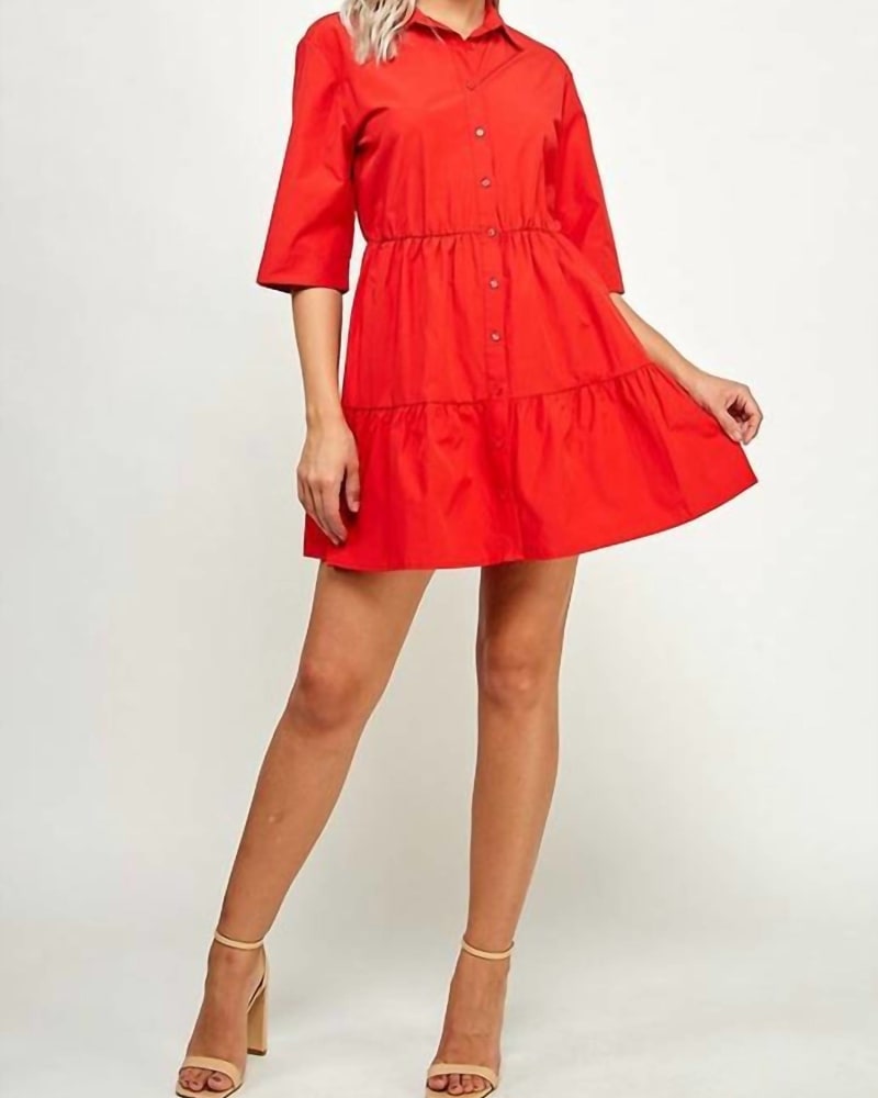 Front of a model wearing a size L Button Up Dress In Red in Red by ELLISON. | dia_product_style_image_id:346799